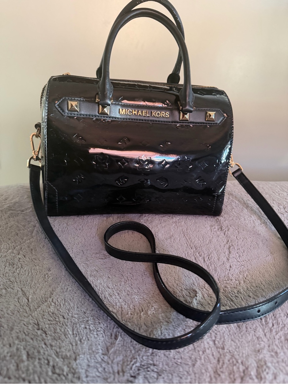 Michael Kors Black Patent Leather Satchel with Gold Hardware